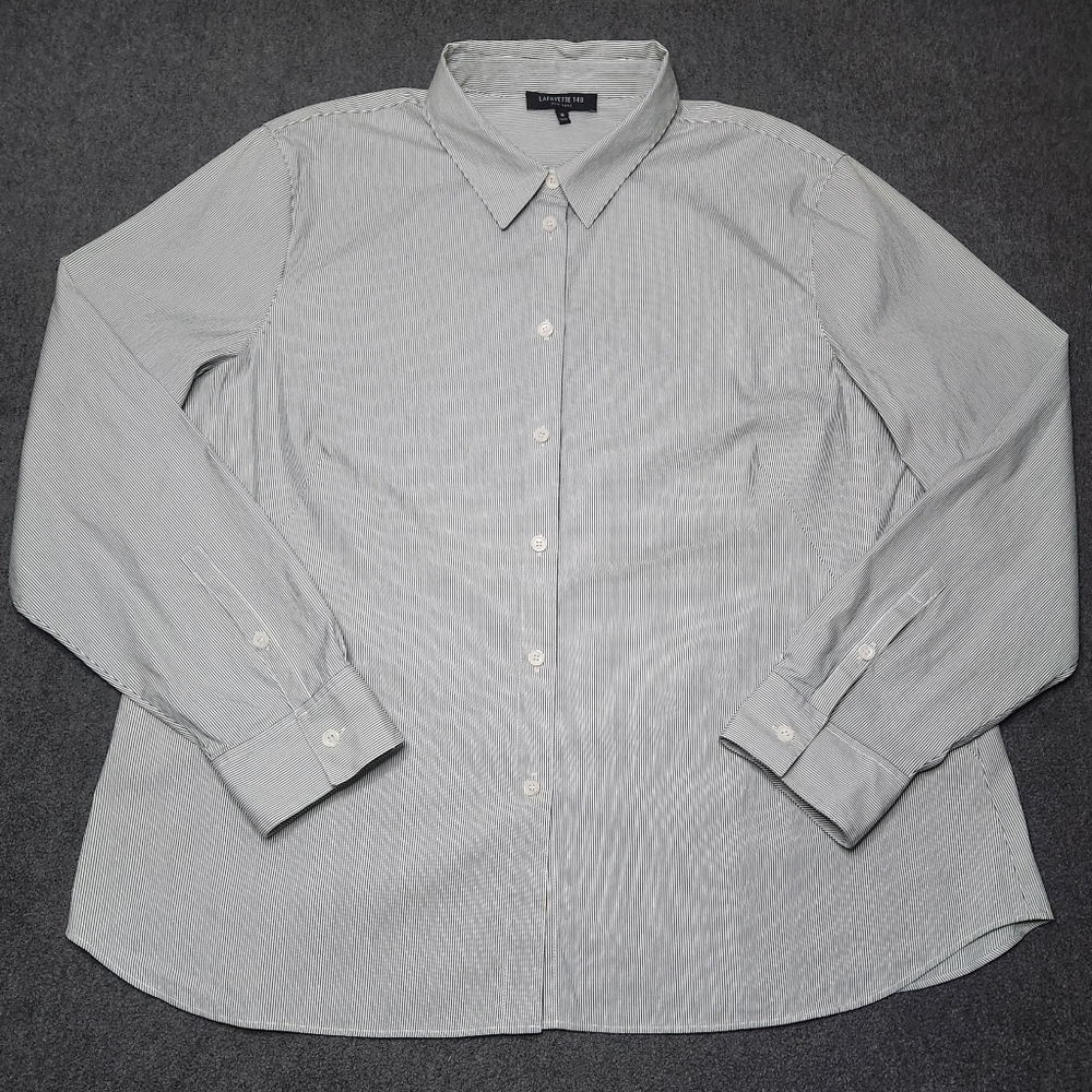 Lafayette 148 Womens 18 Button Down Dress Blouse Gray Pinstriped Long Sleeve